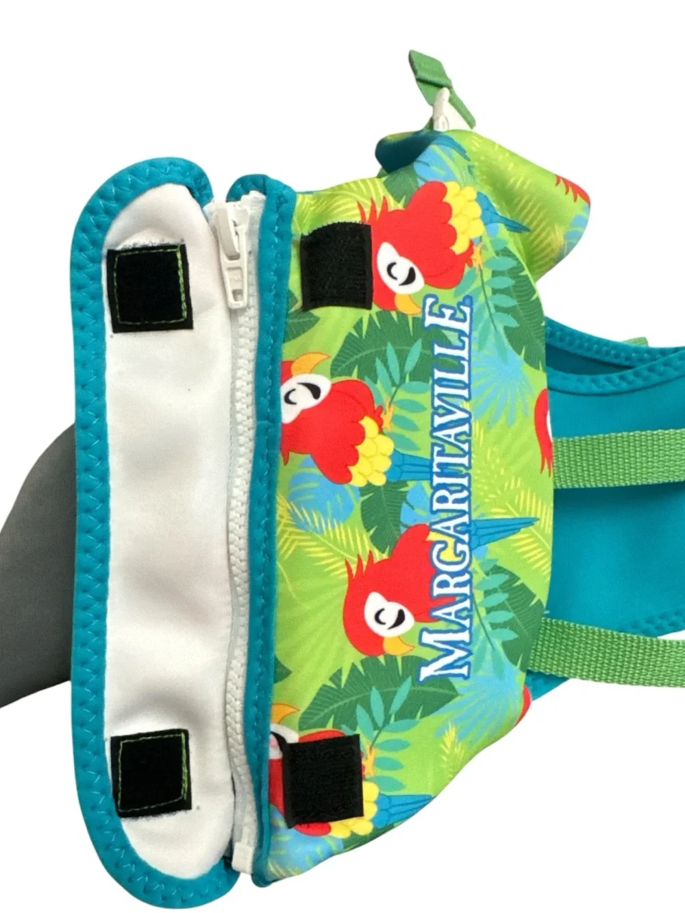 Margaritaville Dog Shark Swim Vest - Teal, Green & Red Parrot Print Swimming Pet